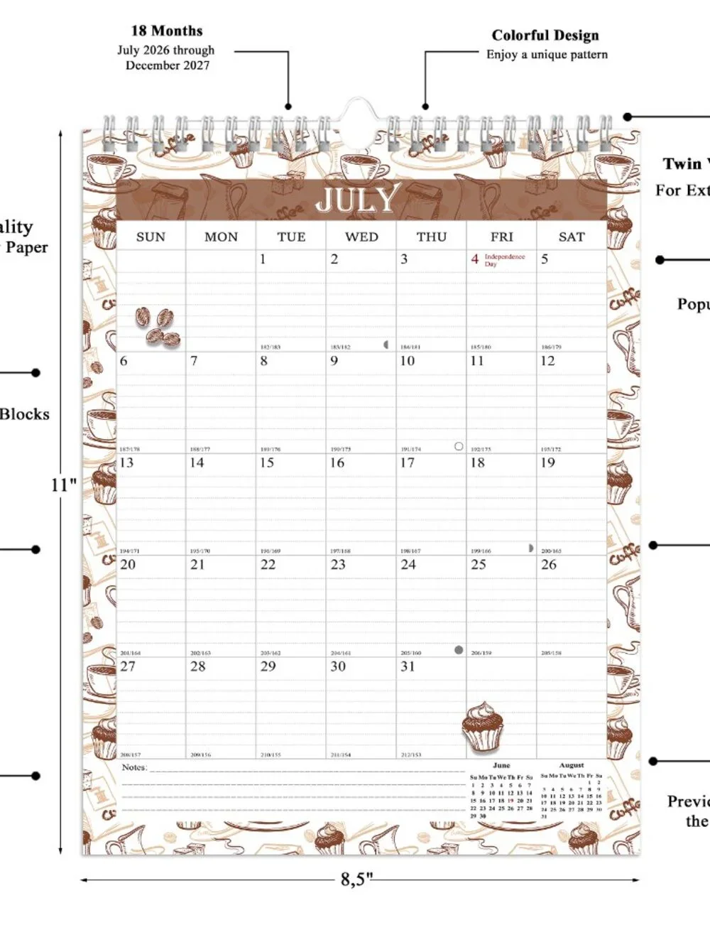 2026-2027 Wall Calendar Spiral-bound Twin-Wire Binding - 18 Months 8.5
